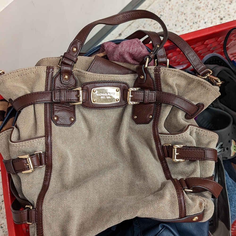 Michael Kors Beige and Dark Brown Tote Canvas W/ Leather Accents